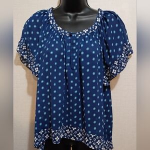 Hollister Women's Blue Floral Trim Blousy Top Medium Ruffled Casual Lightweight